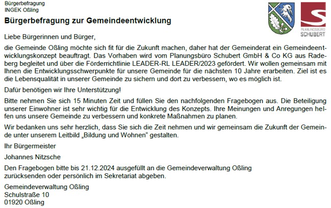 Gemeinde Oßling Bürgerbefragung 2024 - Fragebogen