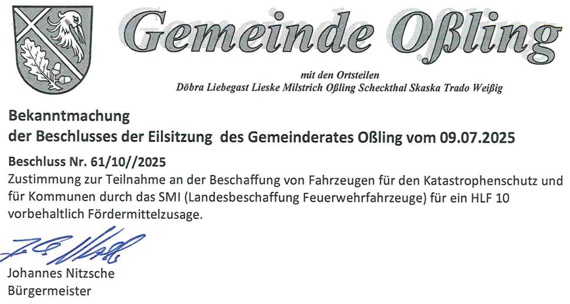 Oßling: Beschlüsse der GR-Sitzung 07/2025