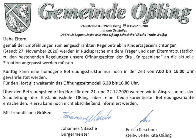 Kindertagesstätte Oßling - Öffnungszeiten
