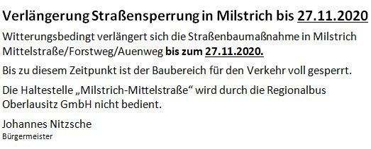 Verlängerung Straßensperrung in Milstrich