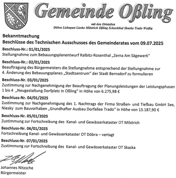 Oßling: Beschlüsse der TA-Sitzung 07/2025