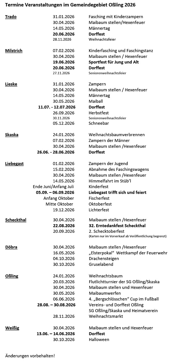 Gemeinde O&szlig;ling - Veranstaltungen 2026